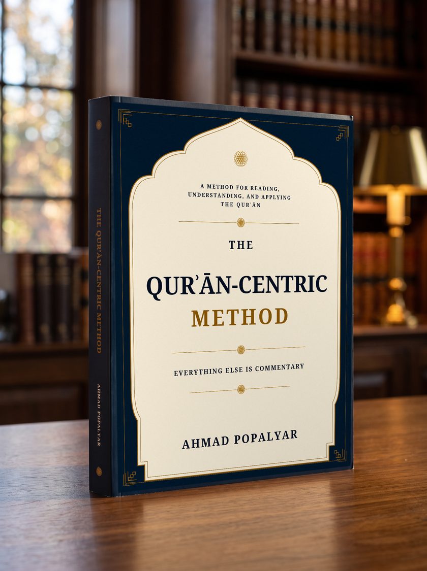 The Qur’an-Centric Method, a paperback by Ahmad Popalyar, standing on a walnut table in a quiet library
